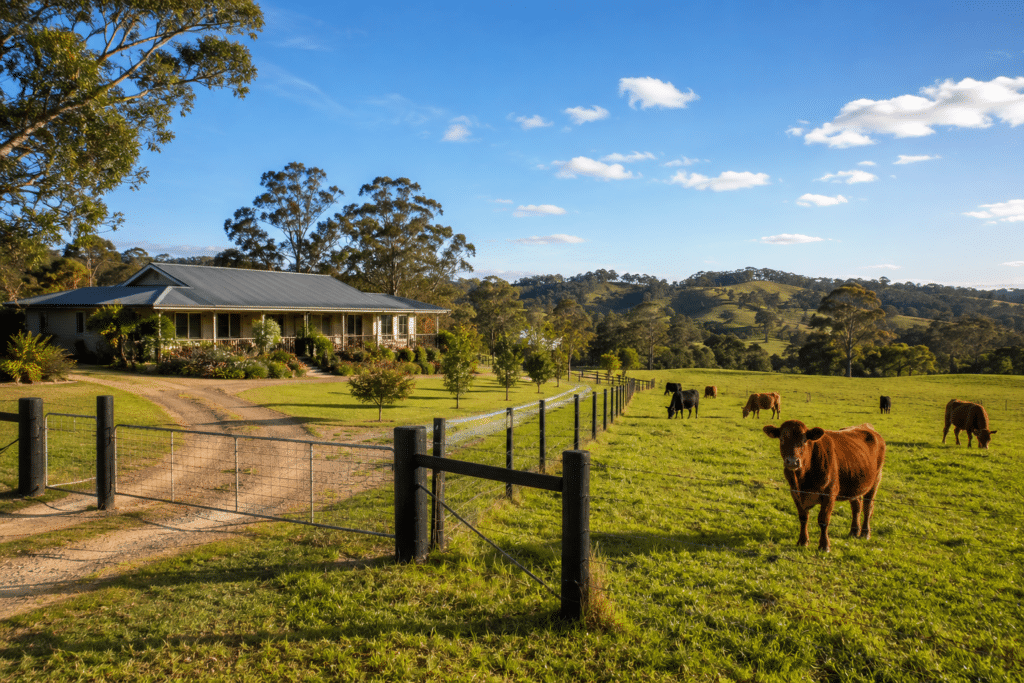 Peaceful country side with cattle in paddock